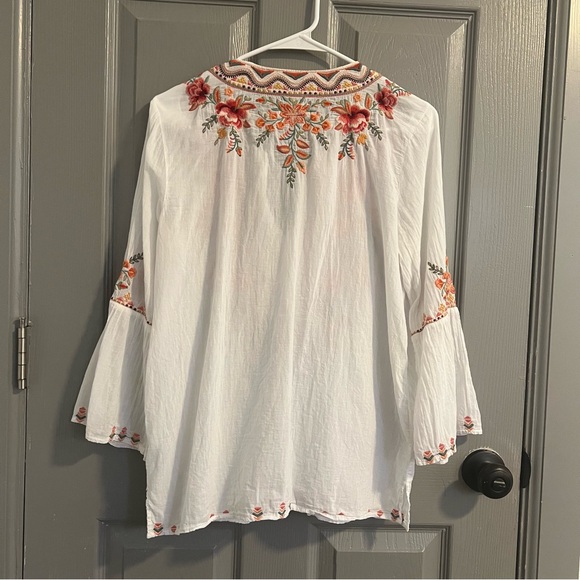 Johnny Was Workshop White Blouse Orange Pink Floral Embroidery - Picture 4 of 6